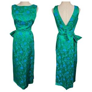 True Vintage 50s 60s Carol Craig Floral Brocade Long Sheath Dress Gown Bow Train
